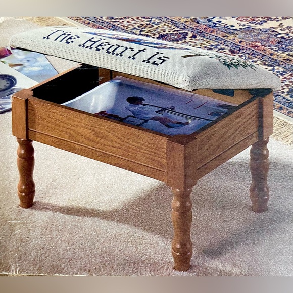 Antique Wood Storage Ottoman Foot Stool Tapestry Top “Home is Where the Heart is - Picture 2 of 7